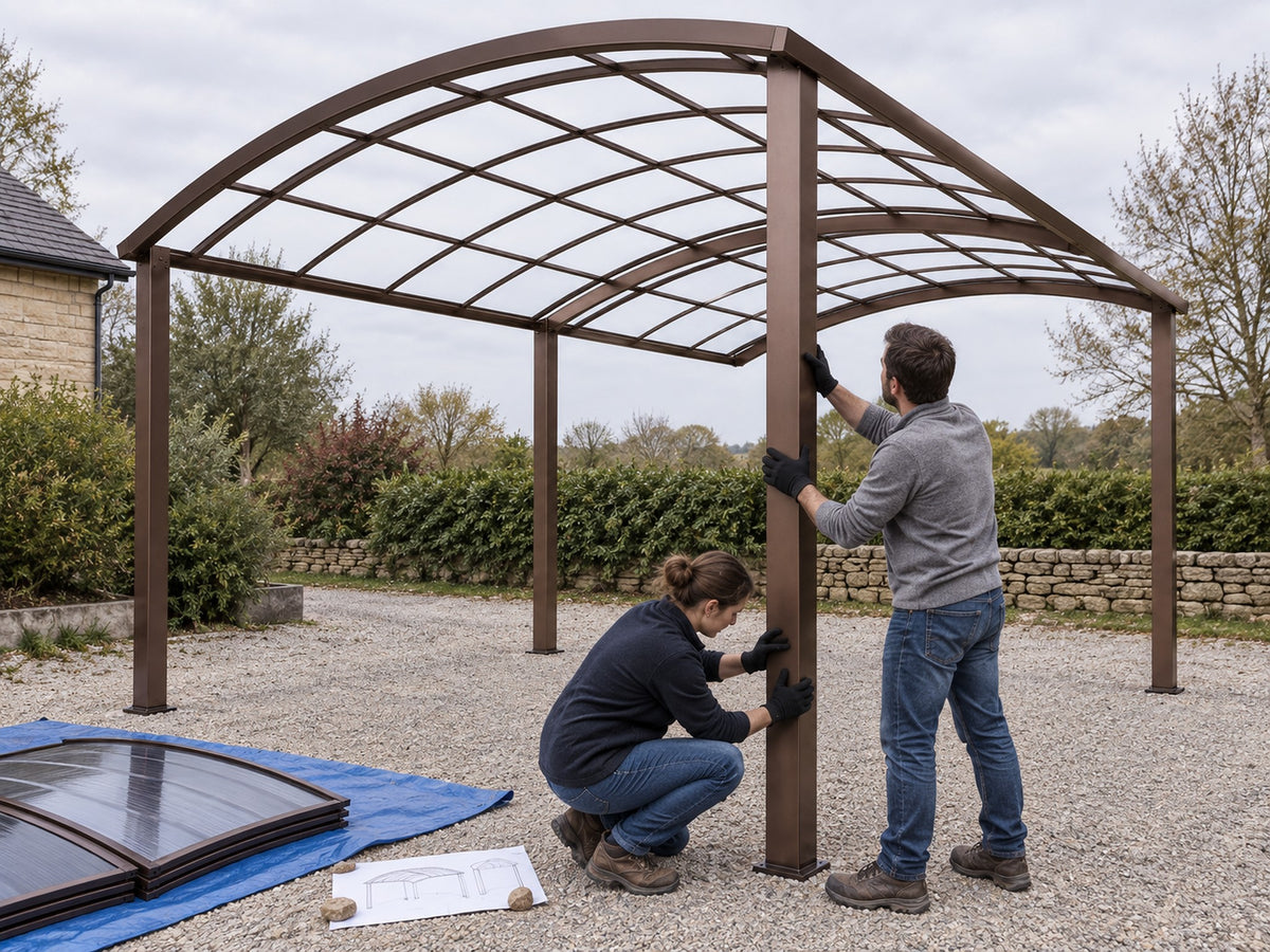 Montage à deux d'un poteau du carport aluminium autoportant