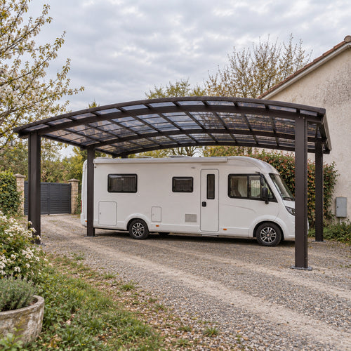 Carport aluminium à toit arqué pour camping-car, camping-car profilé blanc abrité sur gravier