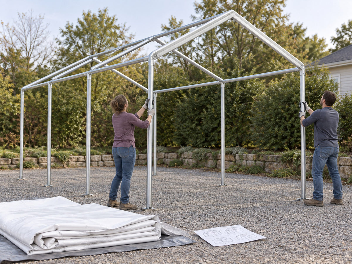 Montage à deux du cadre acier de la tente-garage Outsunny 3x6 m