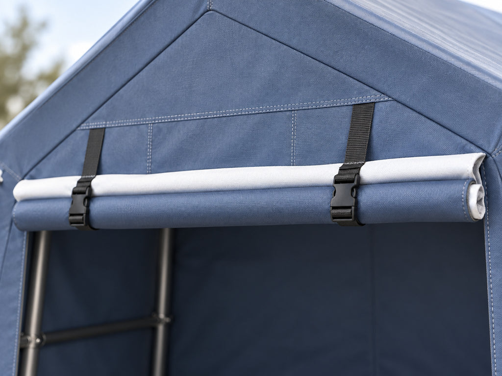 Détail du cadre tubulaire et de la porte enroulable, tente 3x3 m